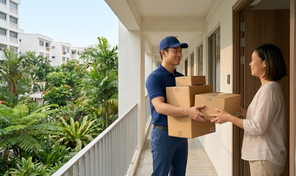 Pack and Store worker collecting boxes from homeowner at Singapore HDB doorstep