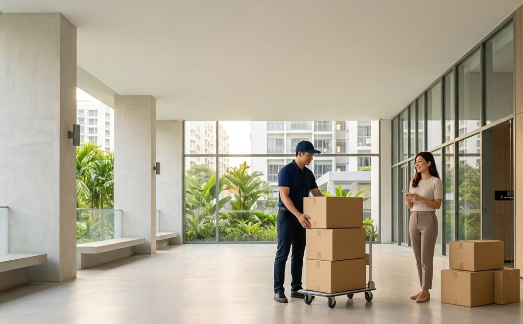 Pack and Store staff collecting boxes at HDB doorstep Singapore