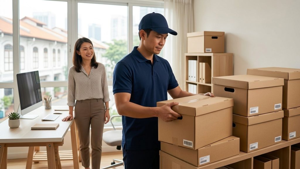 Pack & Store staff collecting document boxes from a Singapore business workspace — secure doorstep document storage service