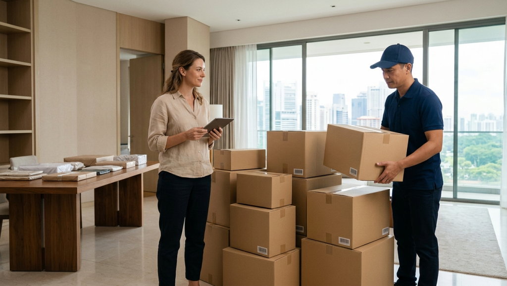 Pack & Store staff collecting sealed boxes from a Singapore condo during an overseas relocation — doorstep valet storage for expats