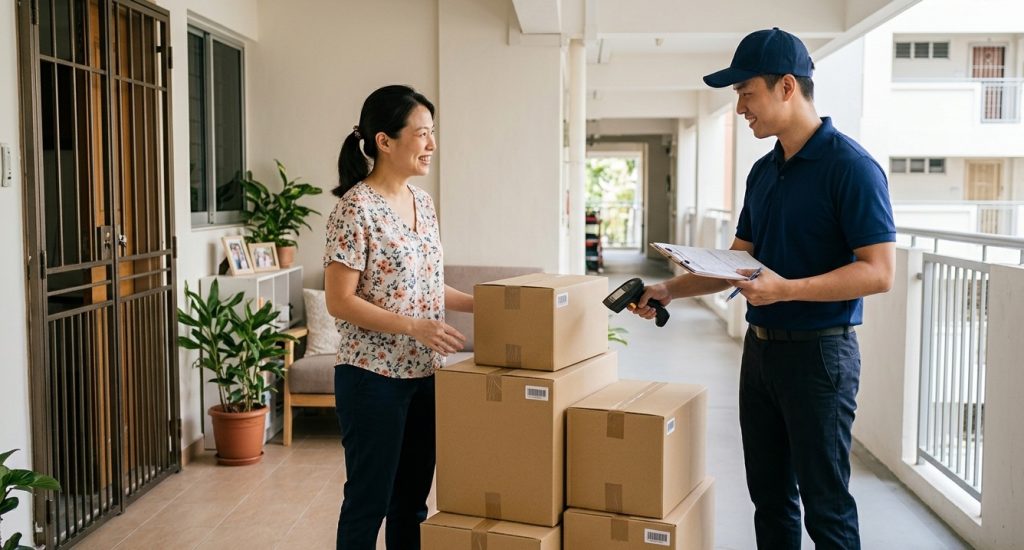 Pack & Store staff collecting boxes from an HDB flat doorstep in Singapore — valet storage service