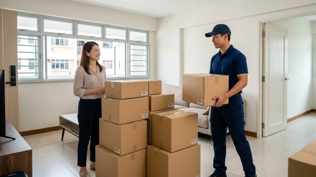 Pack & Store staff collecting sealed boxes from a Singapore home during a house move — doorstep valet storage service