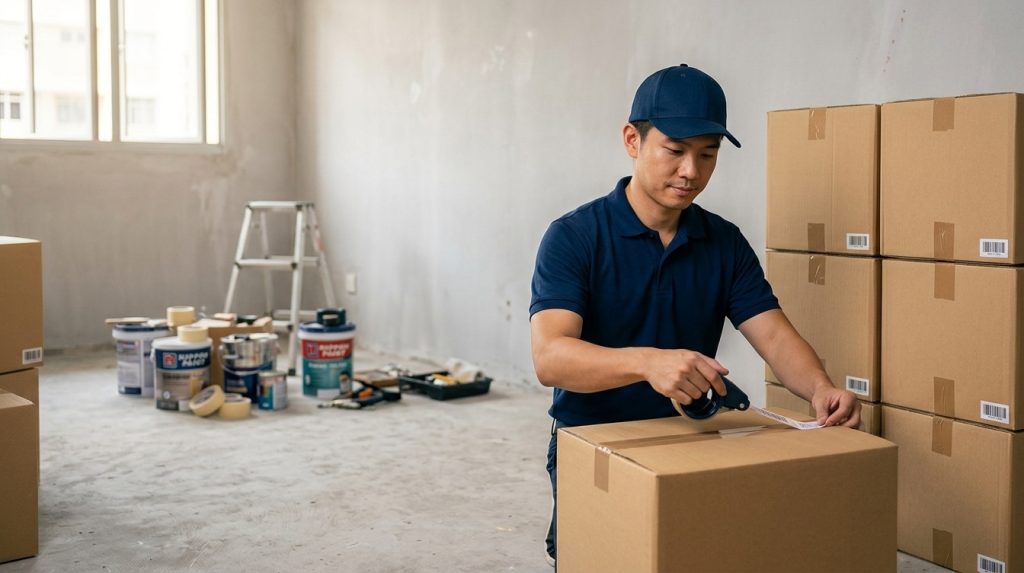 Pack & Store staff labelling sealed boxes at a Singapore HDB flat mid-renovation — doorstep storage collection