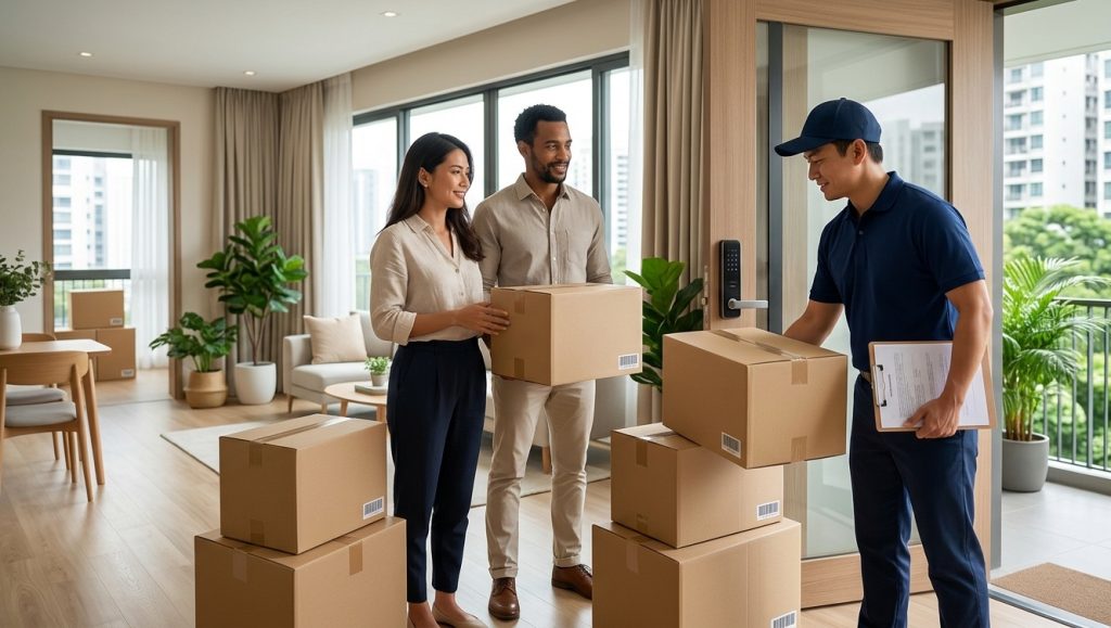 Pack & Store staff collecting boxes from a Singapore condo — valet storage service for expats moving to or from Singapore