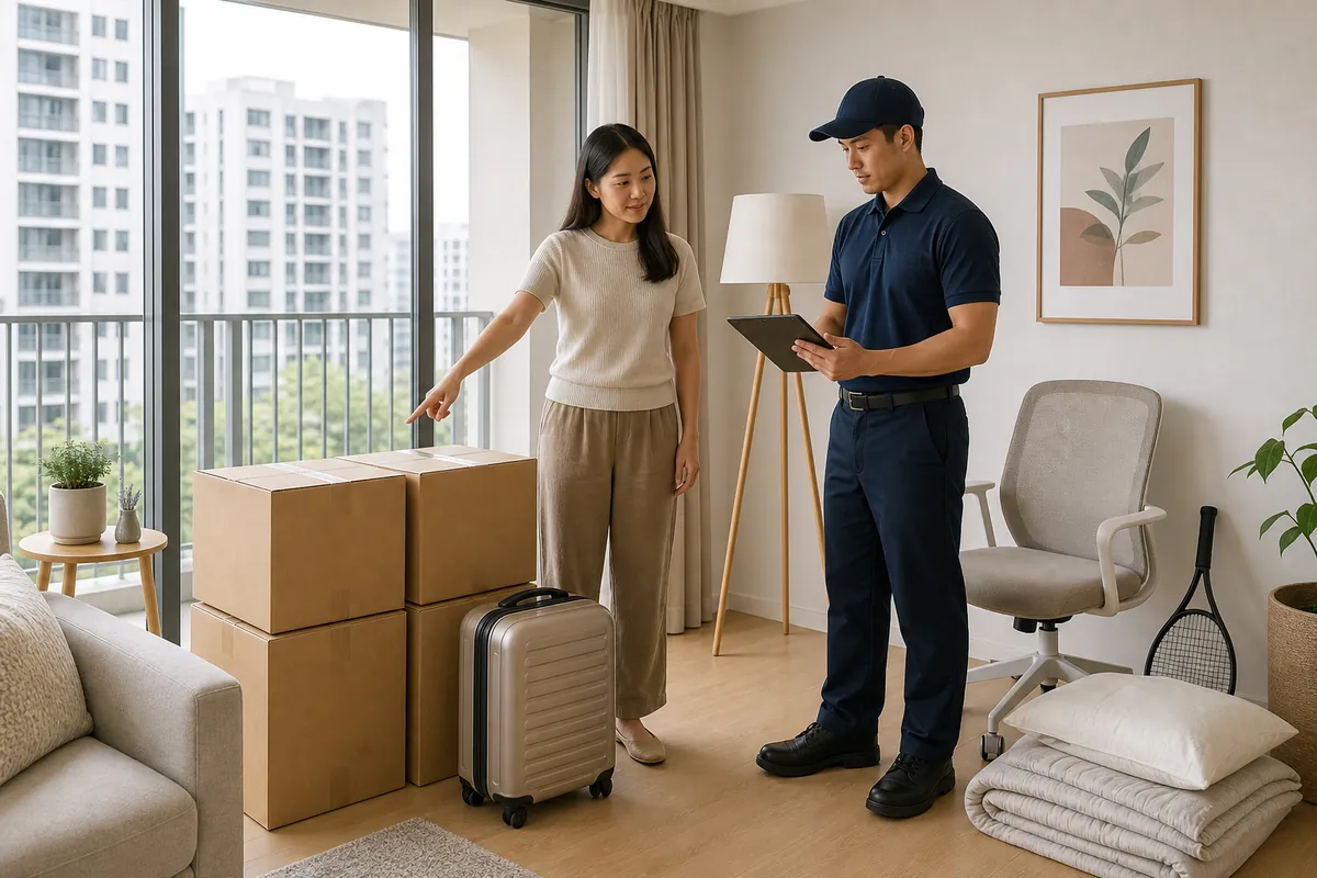 Singapore homeowner identifying boxes, luggage and household items for storage