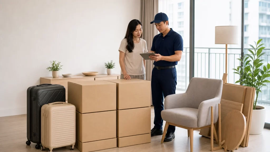 Storage space planning in a Singapore home with Pack and Store staff reviewing household items